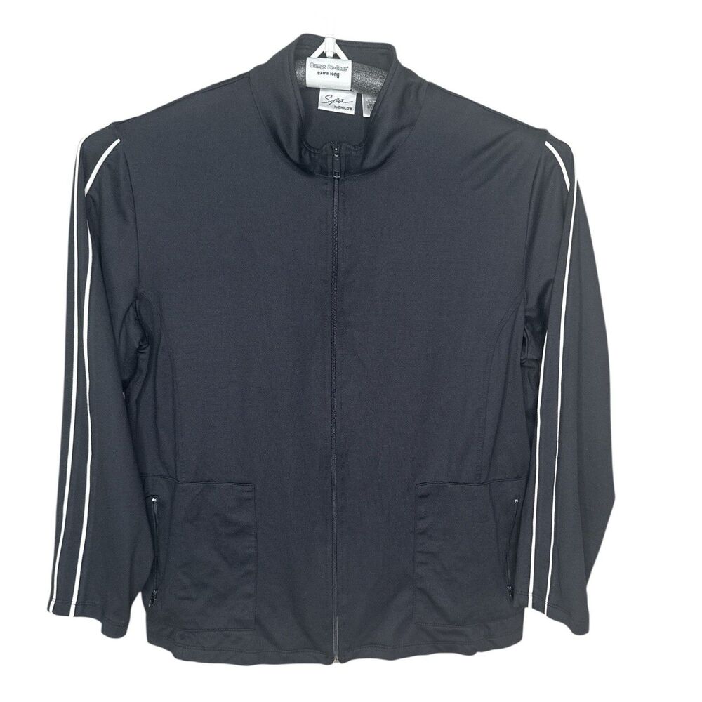 Chico’s Spa Black Zip Jacket Athletic Track Jacket Size 2 Large Striped Sleeve